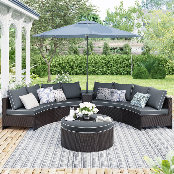 4 PCS Outdoor Patio Half-Moon Sectional Furniture Wicker Sofa Set with Two Pillows, Coffee Table, and Gray Cushions image