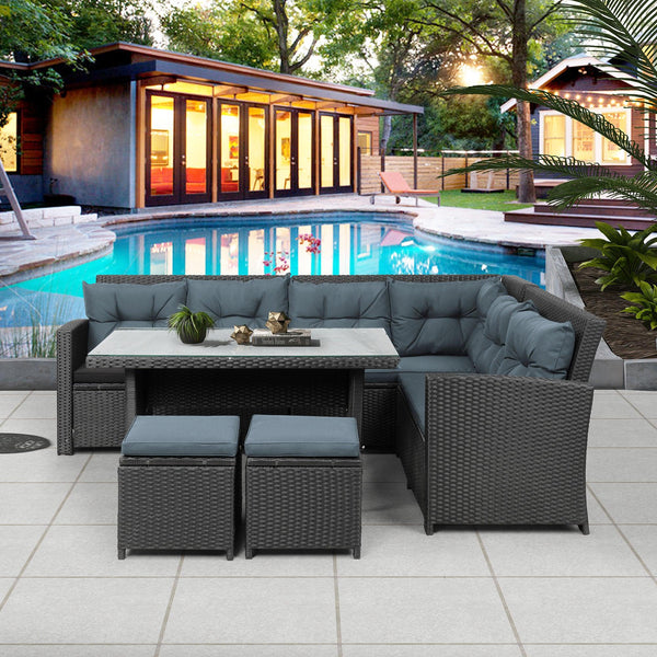 6 PCS Patio Furniture Set Outdoor Sectional Sofa with Glass Table, Ottomans - Black image