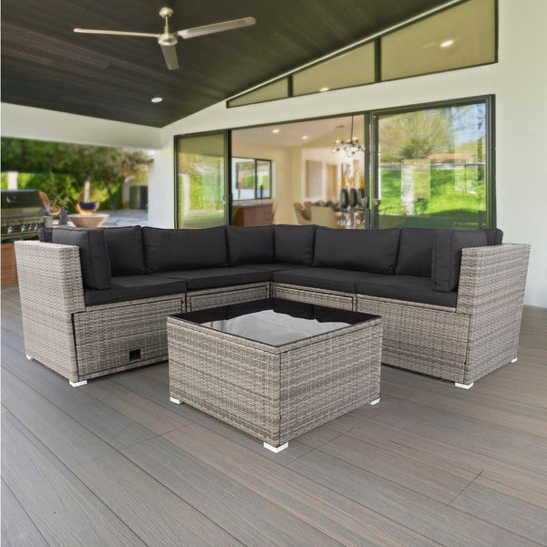 6 PCS PE Rattan sectional Outdoor Furniture Cushioned  Sofa Set with 3Storage Under Seat Grey image