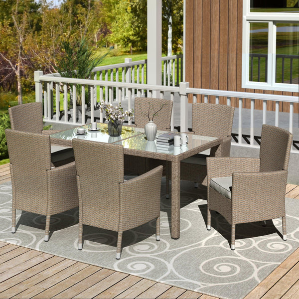 7 PCS Patio Outdoor Wicker Rattan Dining Set with Glass Dinning Table and Beige Cushion image