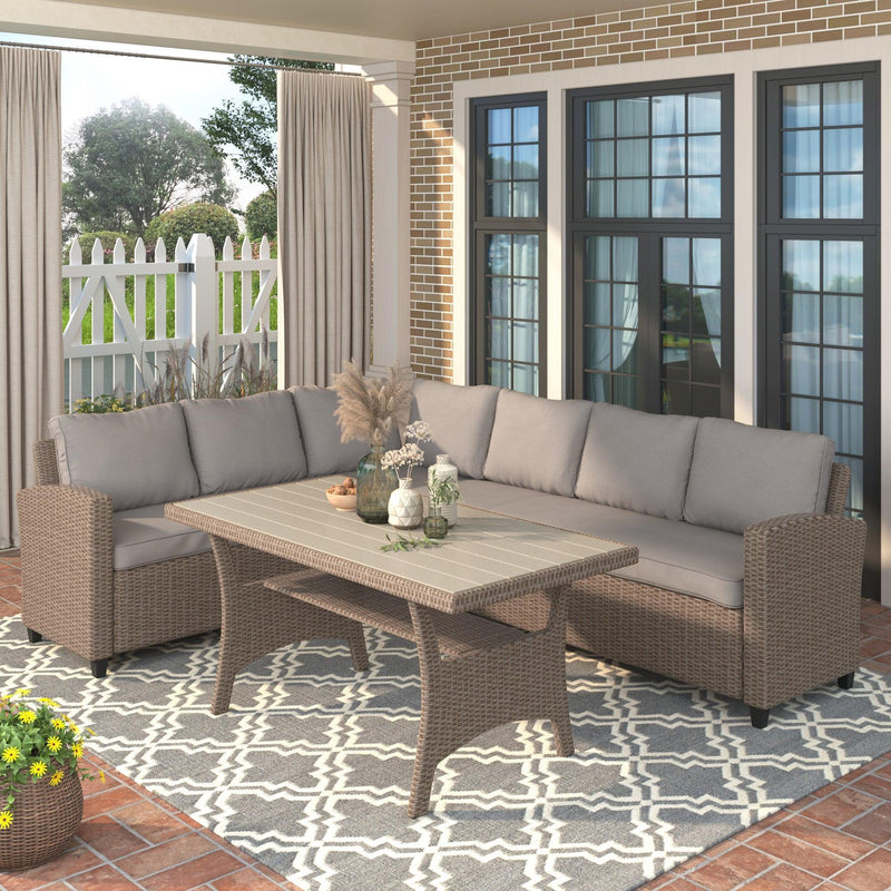 Outdoor Patio Furniture PE Rattan Wicker  Sectional Sofa Set with Table and Brown Cushions image