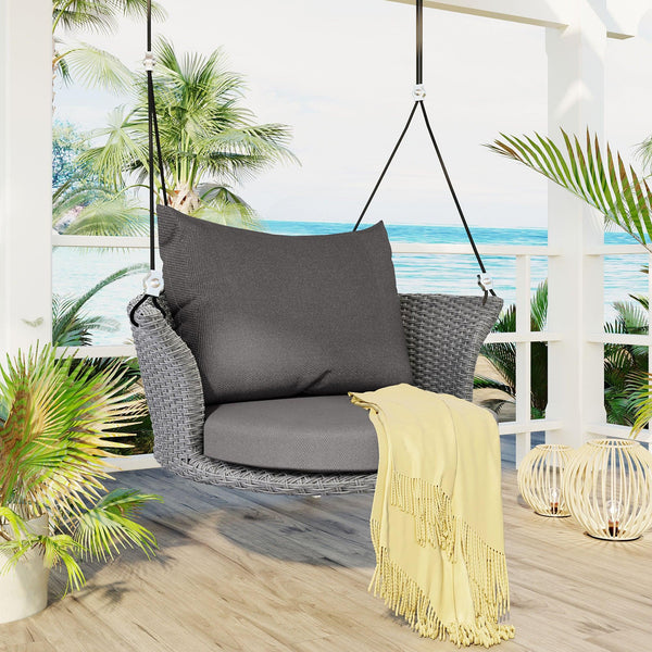 Single Person Rattan Woven Swing Hanging Seat With Ropes, Gray Wicker and Gray Cushion image