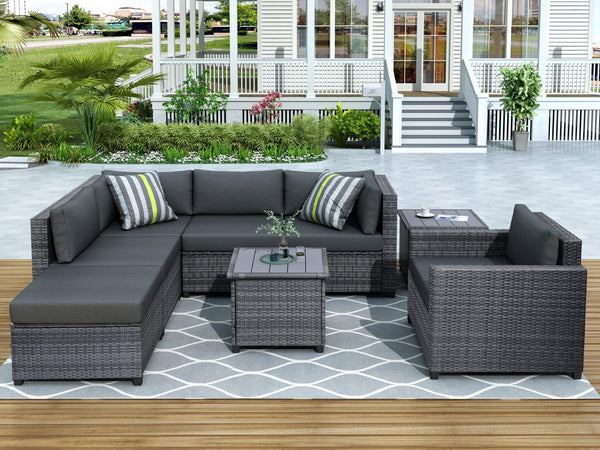 8 PCS Outdoor Patio Rattan Sectional Seating Group with Gray Cushions image