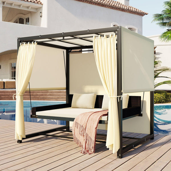 Outdoor Swing Bed with Beige Curtain and Beige Cushion image