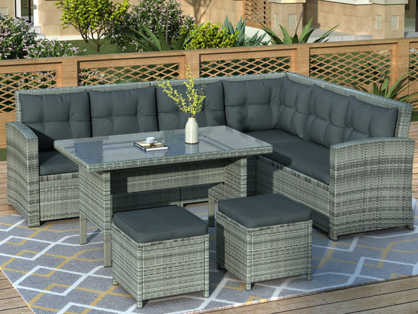 6 PCS Patio Furniture Set Outdoor Sectional Sofa with Glass Table, Ottomans - Gray image