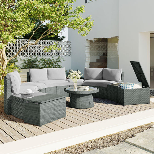 10 PCS Outdoor Patio Rattan Sectional Half Round Sofa Set withStorage Box and Light Gray Cushion image