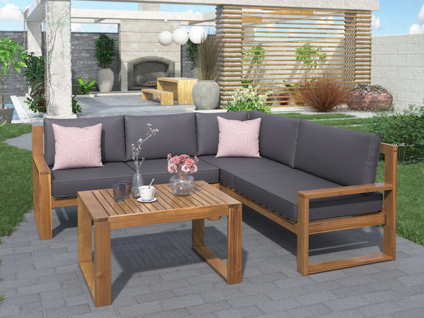 3 PCS Outdoor Patio Acacia Wood Sectional Set and Grey Cushions image