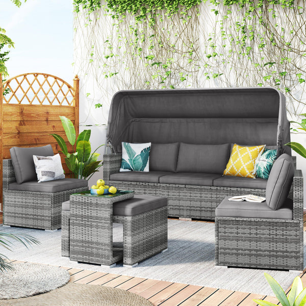 5 PCS Outdoor Patio Rattan Sectional Sofa Daybed Set with Canopy and Tempered Glass Side Table - Gray image