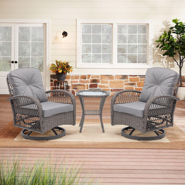 3 PCS Outdoor PatioModern Wicker Set with Table, Swivel Base Chairs and Gray Cushions image