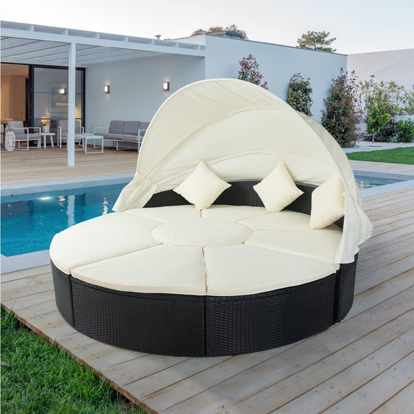Outdoor Patio Rattan Wicker Round Daybed with Retractable Canopy and Washable Cushions image