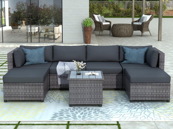 7 PCS Outdoor Rattan Sectional Seating Group with Gray Cushions image