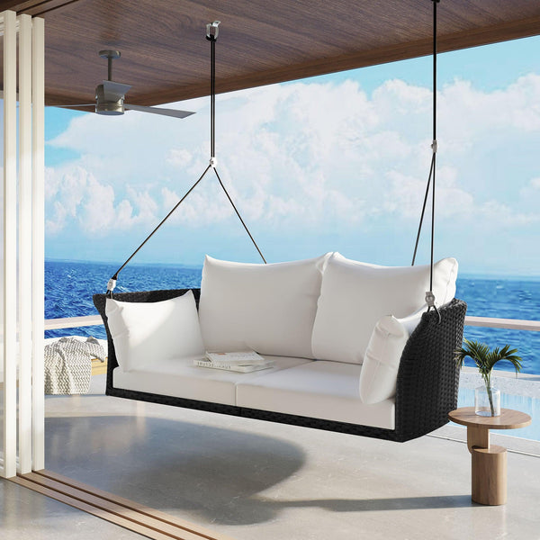 2-Person Rattan Woven Swing Hanging Seat With Ropes, Black Wicker and White Cushion image
