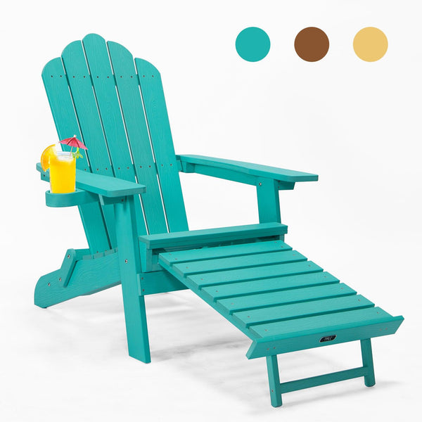 Folding Outdoor Poly Lumber Adirondack Chair with Pullout Ottoman and Cup Holder - Teal Green image