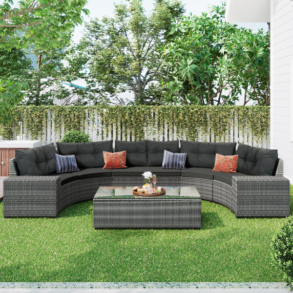 8 PCS Outdoor All Weather Wicker Rattan Half-Moon Sectional Set with CoffeeTable and Movable Gray Cushions image