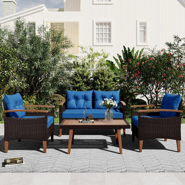 4 PCS Outdoor Garden PE Rattan Seating Furniture Set with Blue Cushions image