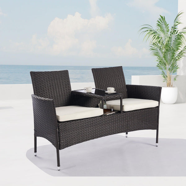 Outdoor Wicker Rattan Double Sofa Lover Chair with Coffee Table and Beige Cushion image