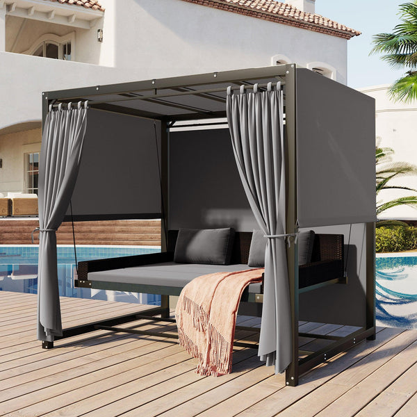Outdoor Swing Bed with Gray Curtain and Gray Cushion image