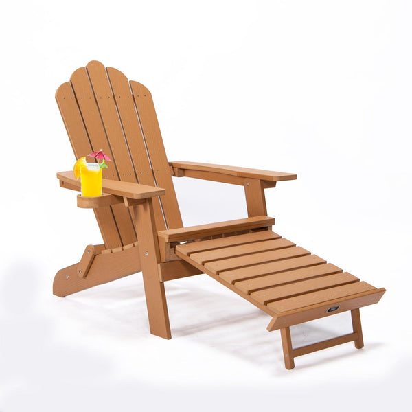 Folding Outdoor Poly Lumber Adirondack Chair with Pullout Ottoman and Cup Holder - Brown image