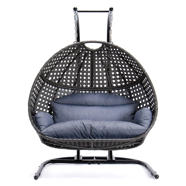 Charcoal Rattan Wicker Hanging Double-Seat Swing Chair with Stand and Dust Blue Cushion image