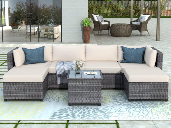 7 PCS Outdoor Rattan Sectional Seating Group with Tea Table and Beige Color Cushions image