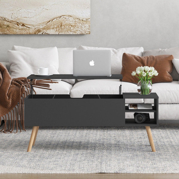 Coffee table, computer table, black, solid wood leg rest, largeStorage space, can be raised and lowered desktop image