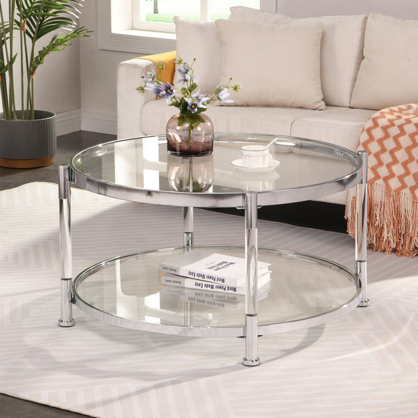 Contemporary Acrylic Coffee Table, 32.3'' Round Tempered Glass Coffee Table, Chrome/Silver  Coffee Table for Living Room image