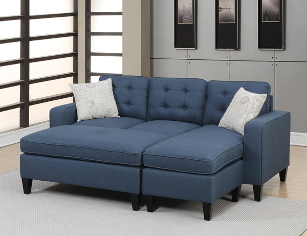 Reversible 3pc Sectional Sofa Set Navy Tufted Polyfiber Wood Legs Chaise Sofa Ottoman Pillows Cushion Couch image