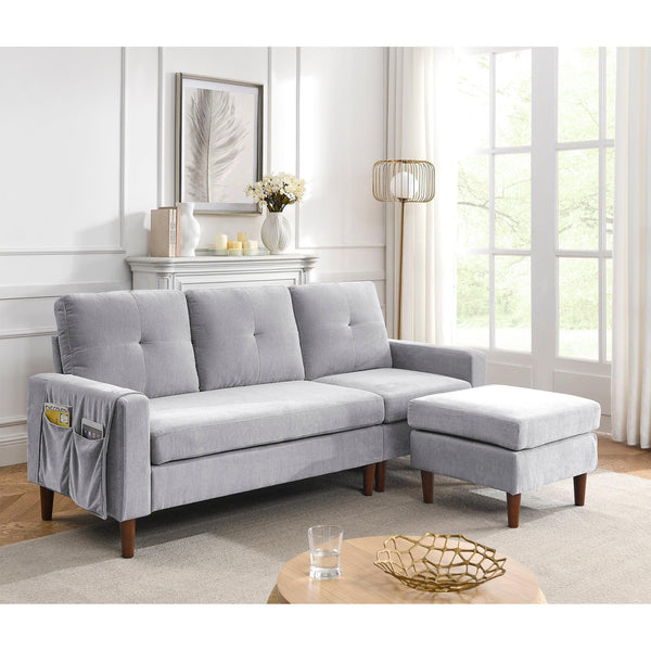 80” Convertible Sectional Sofa Couch, 3 Seats L-shape Sofa with Removable Cushions and Pocket, Rubber Wood Legs, Light Grey Chenille image