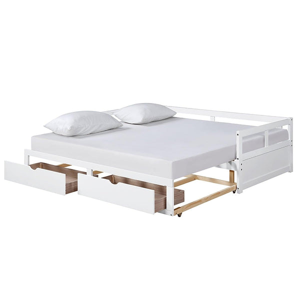 Wooden Daybed with Trundle Bed and TwoStorage Drawers , Extendable Bed Daybed,Sofa Bed for Bedroom Living Room,White image
