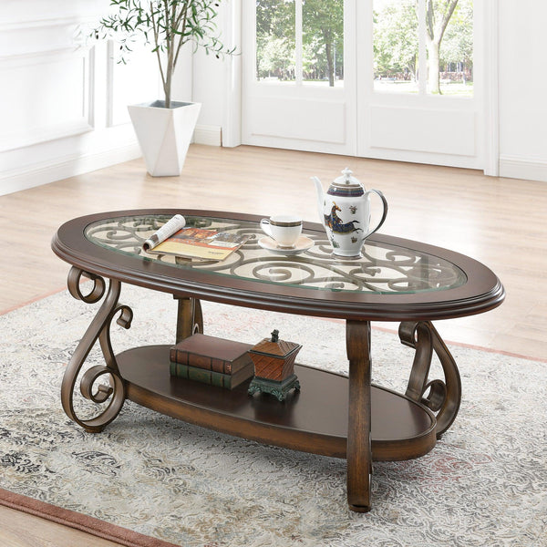 Coffee Table with Glass Table Top and Powder Coat Finish Metal Legs，Dark Brown （52.5"X28.5"X19.5") image