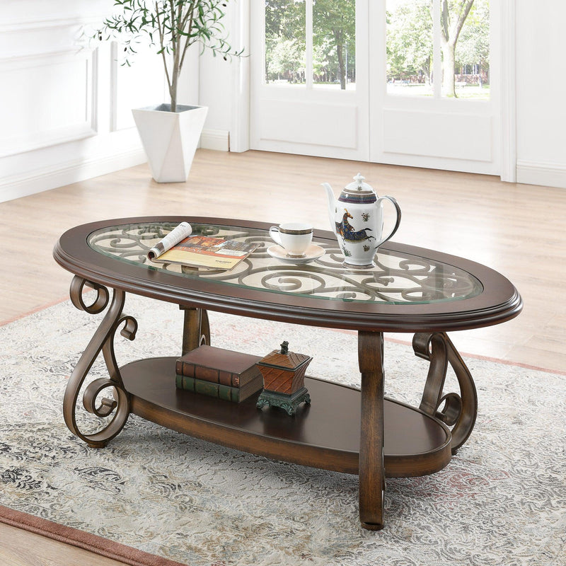 Coffee Table with Glass Table Top and Powder Coat Finish Metal Legs，Dark Brown （52.5"X28.5"X19.5") image