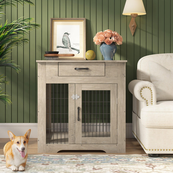 Furniture Style Dog Crate End Table with Drawer, Pet Kennels with Double Doors , Dog House Indoor Use, （Grey，29.92”w x 24.80” d x 30.71”h） image