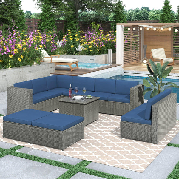 9 PCS Outdoor Gray Rattan Sectional Seating Group with Blue Cushions and Ottoman image