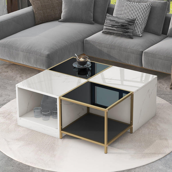 2-layerModern Coffee Table with Metal Frame, Cocktail Table with High Gloss White Marble Finish, Simply Assemble Square Corner Tables for Living Room, 31.5”x 31.5” image