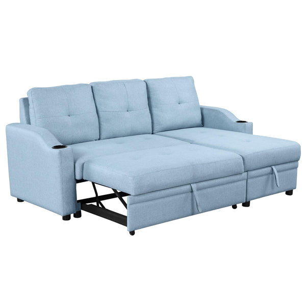 80.3"  Pull Out Sofa BedModern Padded Upholstered Sofa Bed , Linen Fabric 3 Seater Couch withStorage Chaise and Cup Holder , Small Couch for Small Spaces image