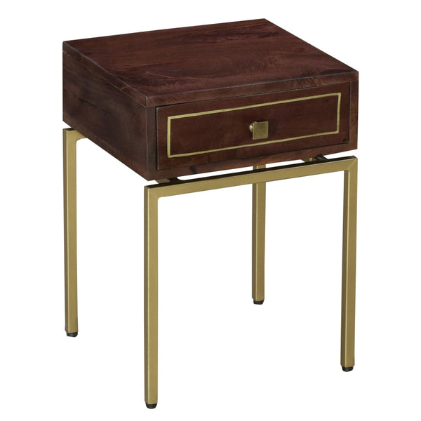 Ellis 16 Inch Side Table with 1 Drawer and Brass Metal Legs, Brown, Matte Gold image