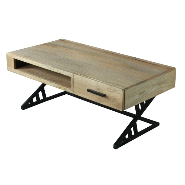 40 Inch Handcrafted Industrial ManWood Coffee Table, 1 Drawer, Metal Frame, Light Brown and Black image