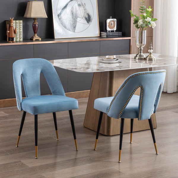 Akoya CollectionModern | Contemporary Velvet Upholstered Dining Chair with Nailheads and Gold Tipped Black Metal Legs, Light Blue，Set of 2 image
