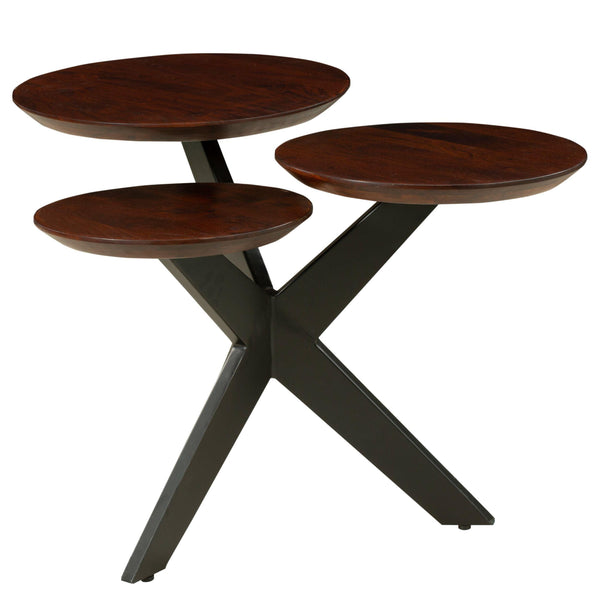 Modern Coffee Table with 3 Tier Wooden Top and Boomerang Legs, Brown and Black image