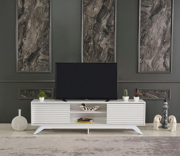 Luxia Mid CenturyModern Tv Stand 2 Sliding Door Cabinet 2 Shelves 67 inch Tv Uni, White image
