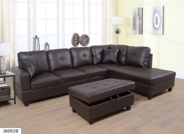 3 PC Sectional Sofa Set, (Brown) Faux Leather left -Facing Chaise with FreeStorage Ottoman image