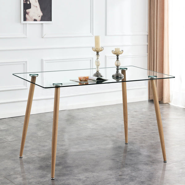 Modern Minimalist Rectangular Glass Dining Table for 4-6 with 0.31" Tempered Glass Tabletop and Wood color Coating Metal Legs, Writing Table Desk, for Kitchen Dining Living Room, 47" W x 31"D x 30" H image