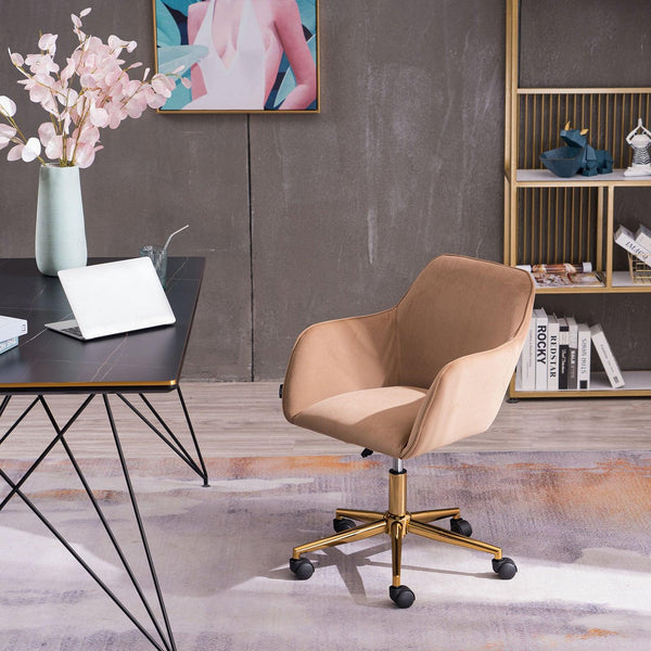 Modern Velvet Fabric Material Adjustable Height 360 revolving Home Office Chair with Gold Metal Legs and Universal Wheels for Indoor,Light Coffee Brown image