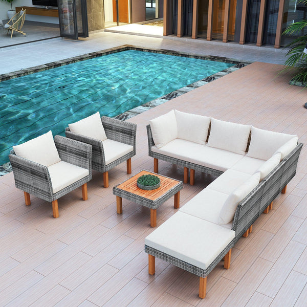 9-Piece Outdoor Patio Garden Wicker Sofa Set, Gray PE Rattan Sofa Set, with Wood Legs, Acacia Wood Tabletop, Armrest Chairs with Beige Cushions image