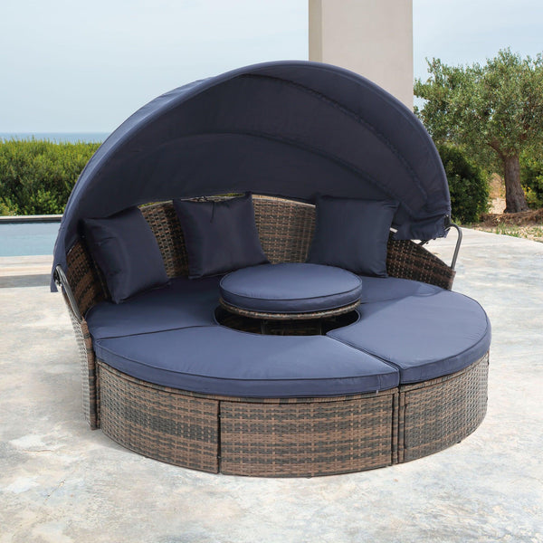 Rattan Round Lounge With Canopy Bali Canopy Bed Outdoor, Wicker Outdoor Sofa Bed with lift coffee table image