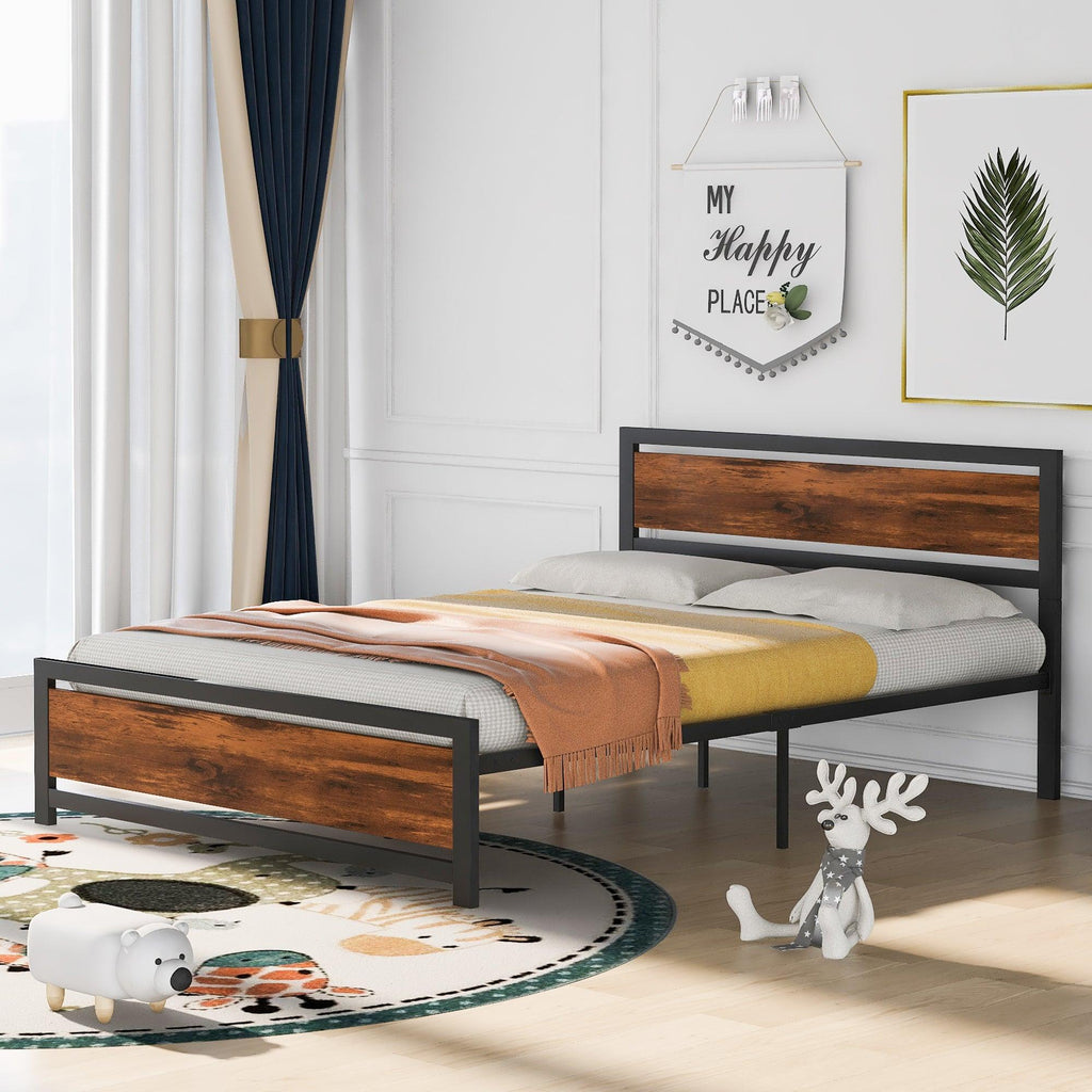 Metal and Wood Bed Frame with Headboard and Footboard Queen Size Platform Bed No Box Spring Needed Easy to Assemble Black Urban Living Furniture Los Angeles CA
