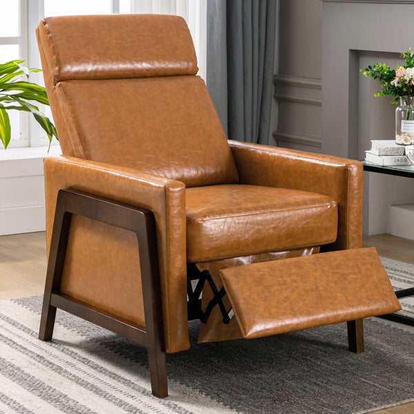 Wood-Framed PU Leather Recliner Chair Adjustable Home Theater Seating with Thick Seat Cushion and BackrestModern Living Room Recliners，Brown image