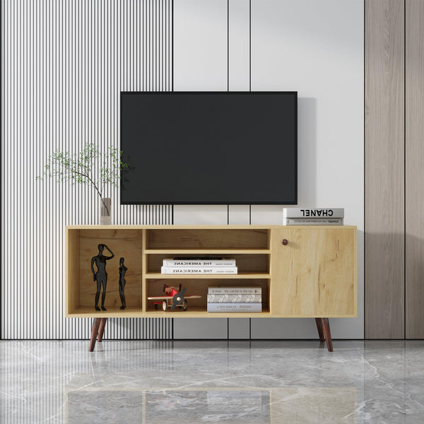 Mid-Century TV Stand for TVs up to 60 Inches, Entertainment Center with OpenStorage Shelves & Cabinet,Modern TV Console for Living Room, Rustic Oak. image