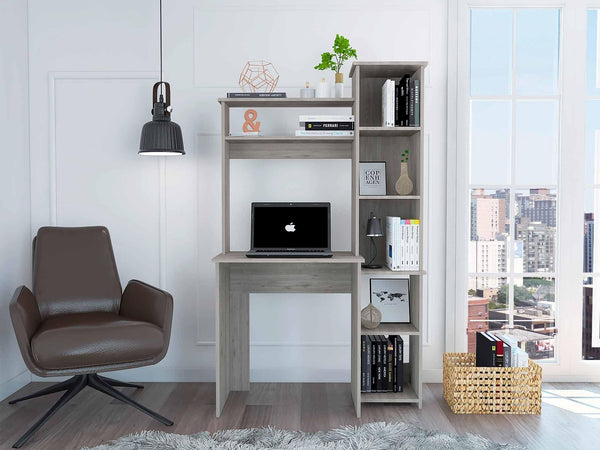 Marston 6-Shelf Writing Desk with Built-in Bookcase Light Grey image