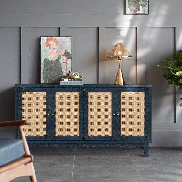 AccentStorage Cabinet Sideboard Wooden Cabinet with Antique Blue 4Doors for Hallway, Entryway, Living Room, Bedroom image